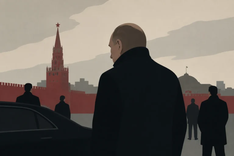 a man resembling Vladimir Putin seen from behind, surrounded by security personnel near a black sedan outside the Kremlin under a grey, overcast sky, symbolising heightened security and wartime isolation.