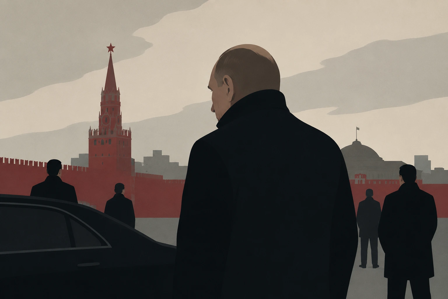 a man resembling Vladimir Putin seen from behind, surrounded by security personnel near a black sedan outside the Kremlin under a grey, overcast sky, symbolising heightened security and wartime isolation.