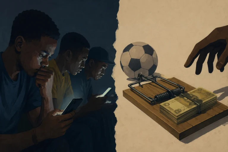 Young Africans gathered around smartphones placing sports bets, symbolizing Africa's growing betting industry and its economic and psychological impact on youth