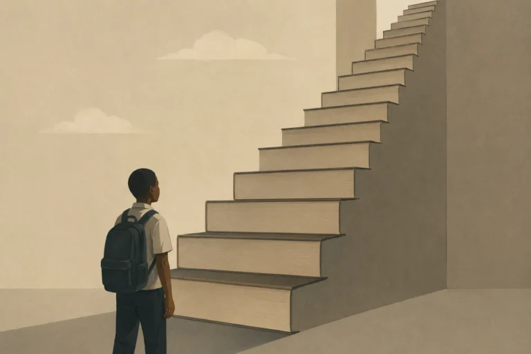 a secondary school student with a backpack standing before a towering staircase made of oversized books, symbolizing the growing financial and educational barriers facing Nigerian students.