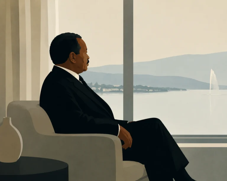 Cameroon President Paul Biya seated in profile by a large window overlooking Geneva's lakefront, symbolizing his record 50-day absence from Cameroon amid growing public scrutiny over the presidency.