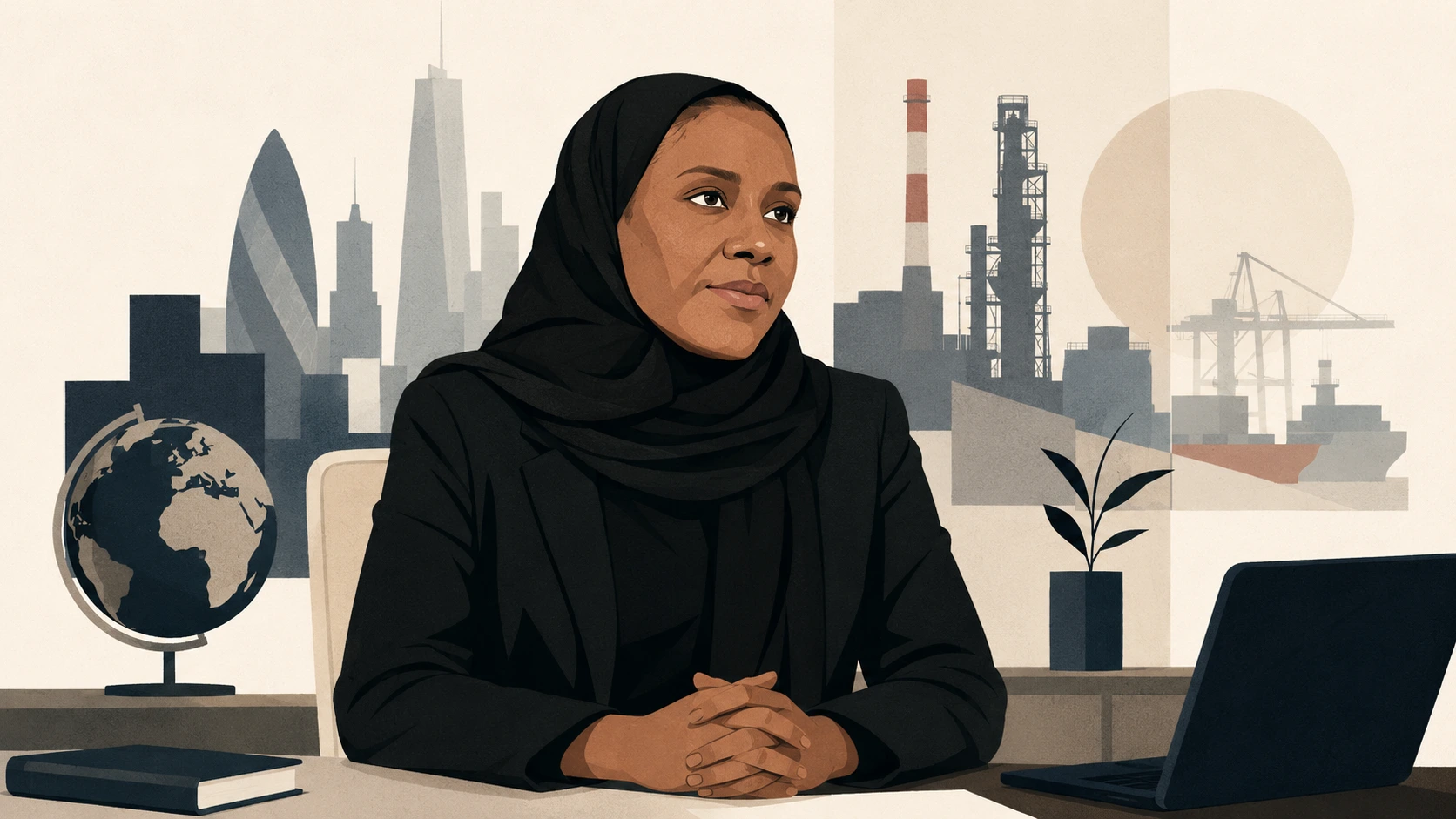 Halima Dangote, the Group Executive Director of the Dangote Family Office, seated confidently in a modern office with subtle industrial and global business elements symbolizing governance, succession planning, international operations, and the future leadership of the Dangote business empire.