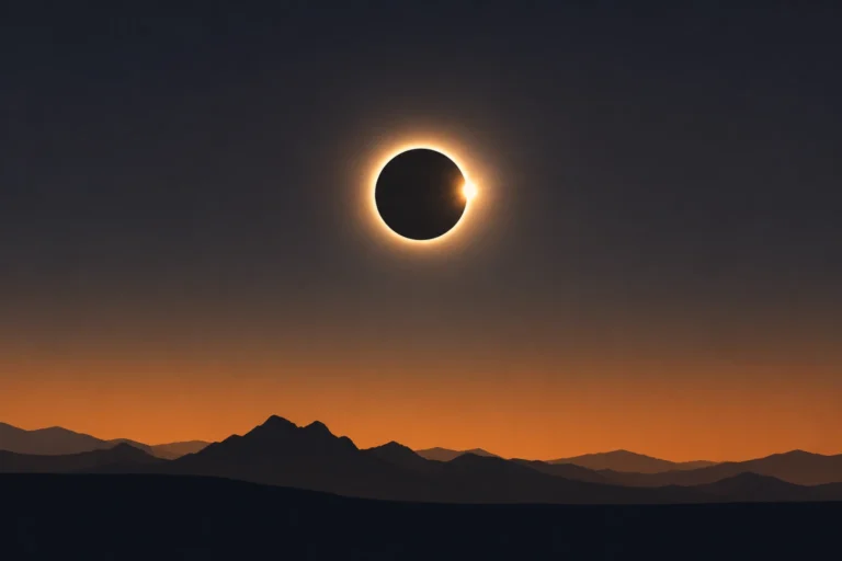 Total solar eclipse over a dark mountain landscape, with the Moon completely covering the Sun and its glowing corona visible against an orange and dark sky.