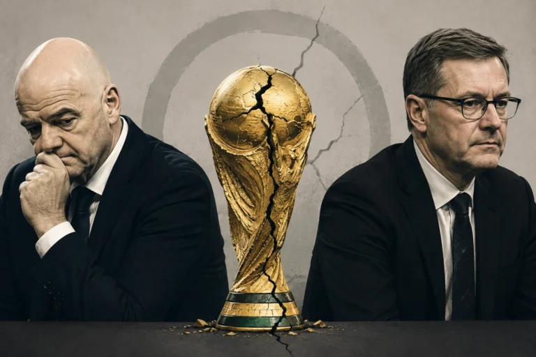 FIFA President Gianni Infantino and FIFA Secretary General Mattias Grafström facing away from each other beside a cracked FIFA World Cup trophy, symbolising the governance crisis following the collapse of FIFA's proposed World Cup investment venture