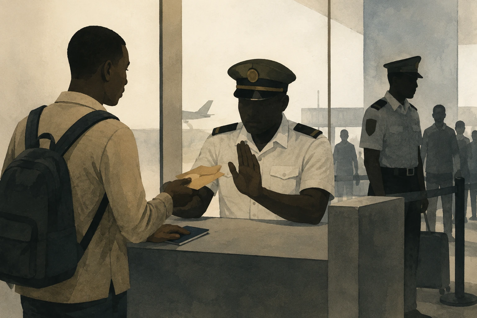 a traveller being asked for money by an airport official at Ghana’s international airport