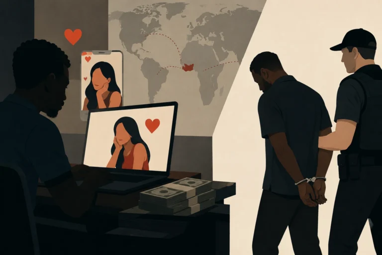 a man operating an online romance scam, fake dating profiles displayed on digital devices, cash on a desk, and a suspect being escorted in handcuffs, representing the U.S. conviction of a Ghanaian involved in a $10 million international fraud scheme.