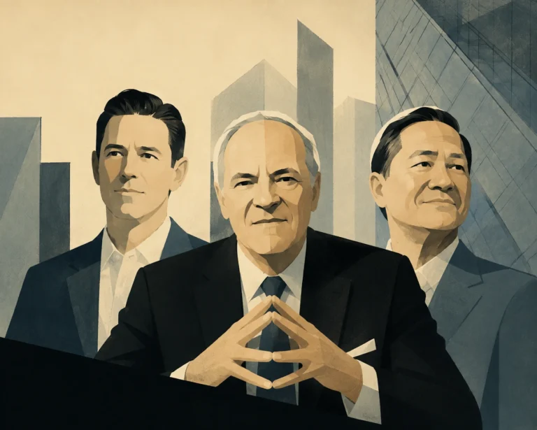 KKR executives Scott Nuttall (left), Henry Kravis (center), and Joe Bae (right) standing before stylized skyscraper