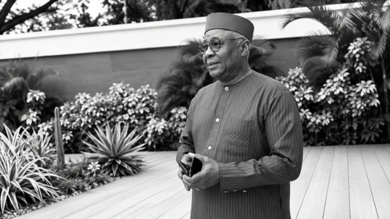 Black-and-white portrait of Anthony Adeniyi Adeosun, husband of former Nigerian Finance Minister Kemi Adeosun, standing outdoors in traditional Nigerian attire in Lagos before his death at age 62.