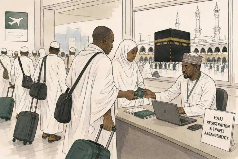 Nigerian Muslim pilgrims preparing for Hajj, including travel registration, documentation and pilgrimage arrangements.