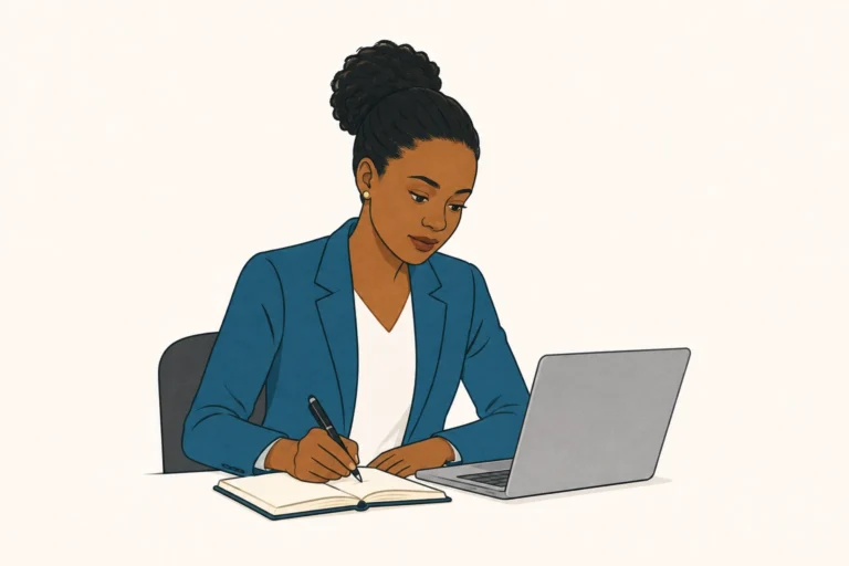 a professional woman documenting nutrition programme work at a desk.