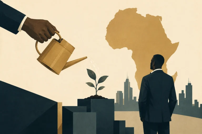 an investor watering a growing plant against a silhouette of Africa, symbolising Ventures Platform’s $83 million venture capital fund for African startups.