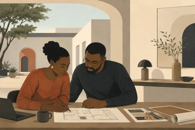 African couple working together on an interior design business at home