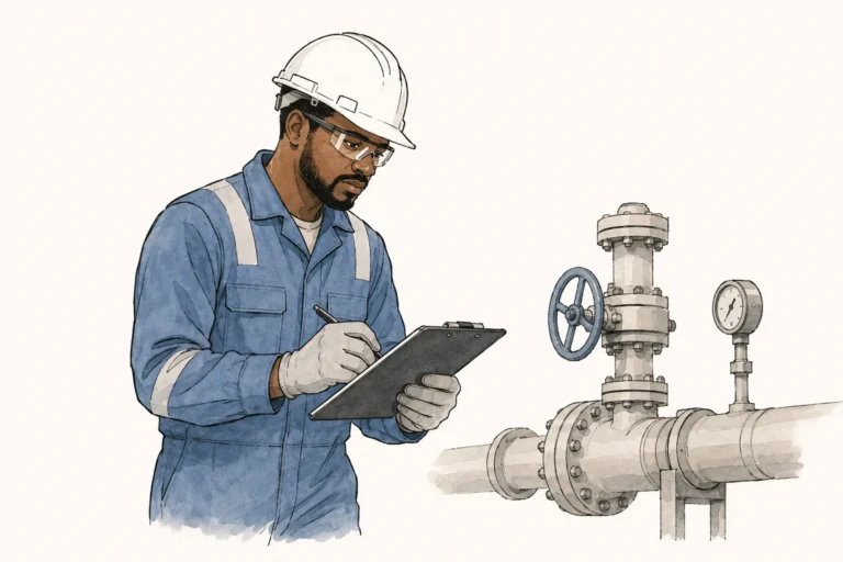 editorial illustration of an offshore integrity specialist inspecting industrial piping.