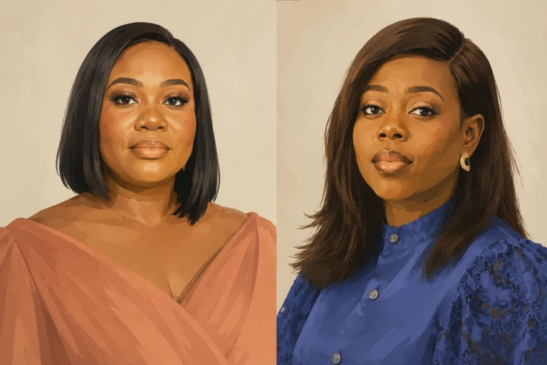 Funmilayo Ishola (left) and Omowunmi Christine Emmanuel-Ogah (right) in editorial portraits
