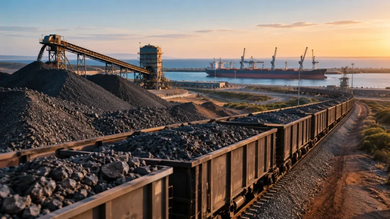 South Africa manganese ore freight train and stockpiles at an export terminal